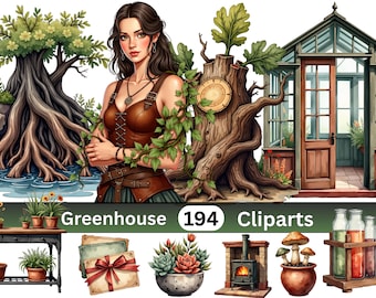 Dark Academia Clipart PNG Bundle - 194 Witch Greenhouse Clipart, Gothic Botanical Elements, Spooky Autumn Plant Characters Commercial Use
