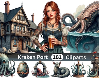 Kraken Port Harbor Clipart Bundle | 181 PNG Illustrations | Dark Sea World | Digital Download | Commercial Use