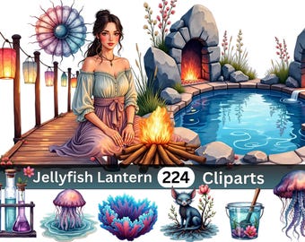 Jellyfish Lantern Bay Clipart Bundle | 224 PNG Illustrations | Glowing Ocean World | Digital Download | Commercial Use