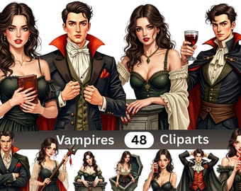 Vampire Clipart Bundle | Gothic Halloween Vampire PNG | Hand-Drawn Halloween Illustrations Transparent Background