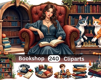 Rainy Bookshop Clipart Bundle | 240 PNG Illustrations | Cozy Reading World | Digital Download | Commercial Use