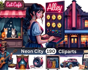 Neon City Alley Clipart Bundle | 190 PNG Illustrations | Cyberpunk Night World | Digital Download | Commercial Use