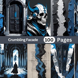 Puede incluir: Una colección de impresiones de arte digital con una paleta de colores azul y gris. Las imágenes representan escenas arquitectónicas, retratos y diseños abstractos. Se muestra el texto "Crumbling Facade" y "100 Pages".