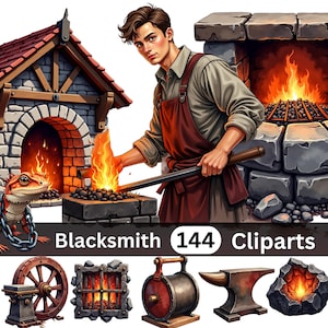 Può includere: Una collezione di illustrazioni digitali con un fabbro in grembiule marrone, una fucina in pietra con fuoco, una lucertola con catena, una ruota in legno, un incudine, un mantice, un forziere e un lupo, con il testo Blacksmith 144 Cliparts.