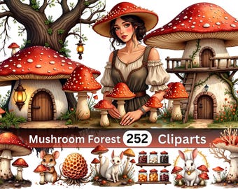 Mushroom Forest Village Clipart Bundle | 252 PNG Illustrations | Cozy Forest World | PNG Download | Personal and Small Business Use
