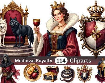 Gothic Royal Kingdom Clipart Bundle – 114 Dark Fantasy Assets, Crown, Throne, Witch, Medieval Royalty PNG Pack