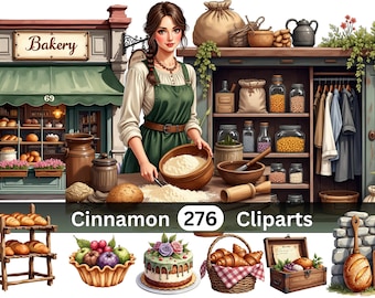 Cinnamon Bakery Clipart Bundle | 276 PNG Illustrations | Cozy Bakery World | Digital Download | Commercial Use
