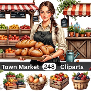 May include: Illustration of a town market scene with a woman holding bread. Wooden stalls display fruits, vegetables, and flowers. The image includes a variety of produce, baked goods, and market carts. The text "Town Market 248 Cliparts" is visible.
