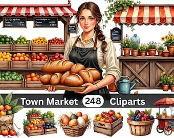 Farmers Market Clipart Bundle | 248 PNG Illustrations | Old Town Market World | Digital Download | Commercial Use