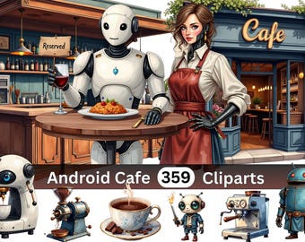 Android Cafe Society Clipart Bundle | 359 PNG Illustrations | Robot Cafe World | Digital Download | Commercial Use