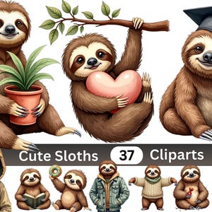 Puede incluir: Una colección de 37 ilustraciones digitales con perezosos marrones en varias poses, incluyendo sosteniendo una planta en maceta, un corazón, usando un birrete de graduación, sudadera, chaqueta de mezclilla, suéter, leyendo un libro y una lonchera.