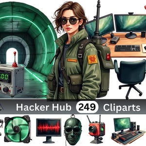 May include: A digital illustration set titled Hacker Hub 249 Cliparts featuring a person in a green jacket, a tunnel with green neon lights, a desk with three monitors, a computer tower with red fans, a mask, a fan, and electronic equipment.