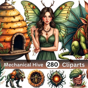 Może przedstawiać: Cyfrowa kolekcja 280 grafik clipart zatytułowana Mechanical Hive, zawierająca ul, uskrzydloną postać z porożem, zielone stworzenie, świecącą organiczną kapsułę, bestię, emblemat pszczoły, okrągłą ikonę, strukturę przypominającą mózg oraz muszlę.