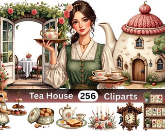 Vintage Tea House Clipart Bundle | 256 PNG Illustrations | Cozy Tea World | Digital Download | Commercial Use