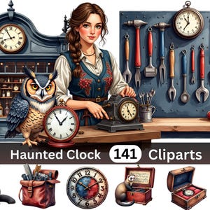 Halloween Clockmaker Clipart Bundle — 141 Haunted Clock PNG Gothic Digital Download