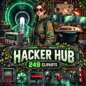 Paquete de imágenes prediseñadas de centro de hackers clandestino / 249 ilustraciones PNG / Mundo tecnológico cyberpunk / Descarga PNG / Uso personal y para pequeñas empresas