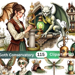 以下が含まれることがあります： 女性、ガーゴイル、ヘビが登場するゴシックをテーマにしたデジタルイラスト。画像には、家、スチームパンク機器、その他の関連要素も含まれています。「Goth Conservatory 115 Cliparts PNG」と書かれたテキスト。