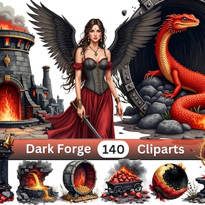 Puede incluir: Ilustración digital de una escena de fantasía con una mujer alada, un dragón rojo y una forja. La mujer lleva un vestido rojo y sostiene una espada. El texto "Dark Forge 140 Cliparts" está presente.