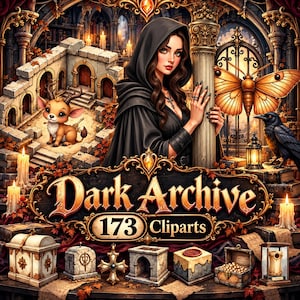 May include: A digital illustration titled Dark Archive 173 Cliparts featuring a person in a black hooded cloak, a small horned creature, a large moth, a black raven, candles, stone ruins, and various ornate boxes and artifacts on a table.