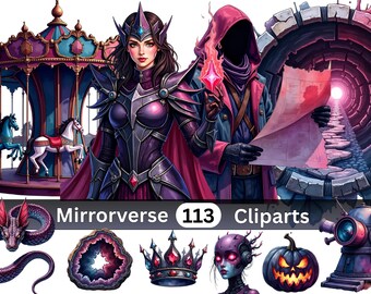Halloween Mirrorverse Clipart Set - 113 Ebon Black Spectral Silver Illustrations, Fractured Reality Digital Art - Transparent PNG