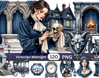 Midnight Corridor Clipart Set - 120 Victorian Gothic Images, Dark Academia Decor - Transparent PNG