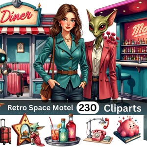 May include: A digital illustration set featuring a woman and an alien standing before a diner and motel, with a robot, luggage, and various retro-themed items like a rotary phone, drinks, and a washing machine with a creature below.