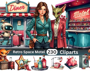 Retro Space Motel Clipart Bundle | 230 PNG Illustrations | Atomic Age Space World | PNG Download | Personal and Small Business Use