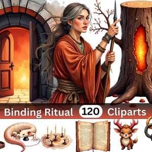 May include: A digital collection titled Binding Ritual 120 Cliparts featuring a person in a red robe holding a spear near a tree with a glowing hollow, a stone archway, candles, a lizard, a ritual circle, a book, a deer creature, and rings.