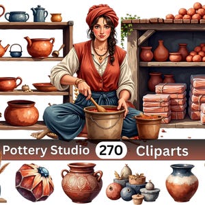 Zestaw clipartów Pottery Studio | 270 ilustracji PNG | Artisan Ceramic World | Pobieranie cyfrowe | Użytek komercyjny
