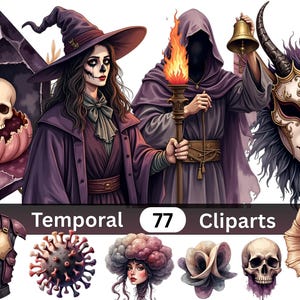 Peut inclure: Une collection numérique de 77 cliparts sur le thème fantastique comprenant une sorcière, une silhouette encapuchonnée avec une torche et une cloche, un masque à cornes, un crâne dans un cristal, une armure, une sphère virale, une tête florale.