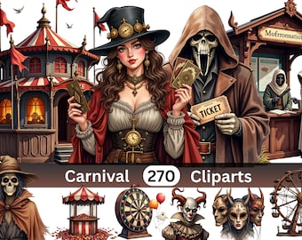 Halloween Clockwork Carnival Clipart Set - 270 Burnished Bronze Spooky Illustrations, Haunted Automaton Digital Art - Transparent PNG