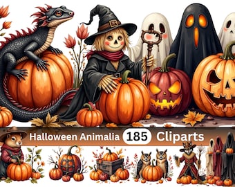 Halloween Animalia Clipart Set - 185 Shadow Black Autumn Twilight Illustrations, Pumpkin Animal Digital Art - Transparent PNG