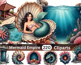 Sunken Mermaid Empire Clipart Bundle | 220 PNG Illustrations | Underwater Kingdom World | Digital Download | Commercial Use