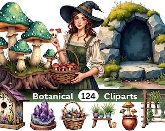 Celestial Botanical Sanctuary – Celestial Witch Clipart Bundle – 124 Commercial Use PNG