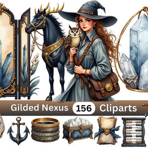 Puede incluir: Colección de arte digital con una bruja y un búho, un caballo negro con detalles dorados y varios objetos místicos. Incluye una pantalla decorativa, cristales y otros cliparts de temática fantástica. El texto "Gilded Nexus 156 Cliparts" es visible.