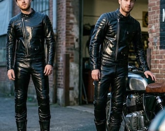 Men’s Leather Jacket and Pants Set:Shiny Retro Moto Biker Outfit, Vintage Motorcycle Suit, Two Piece Riding Gear, Gift for Him