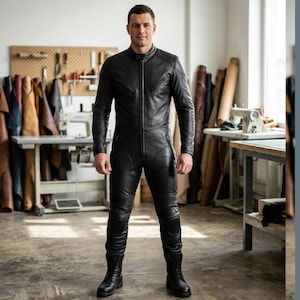 May include: A black leather jumpsuit with a zip-up front, standing on a person. The jumpsuit has a stand-up collar, quilted details on the shoulders and knees, and is paired with black boots. The background shows a workshop setting.