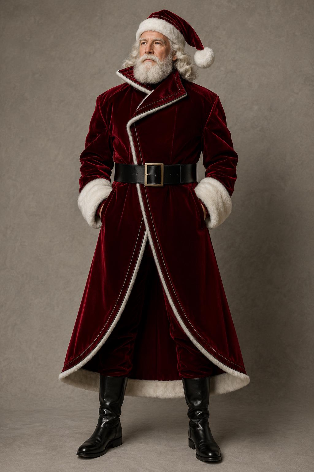 Luxury Santa Fashion Editorial Portrait, Couture Santa Costume, Premium Velvet Santa Outfit, High Fashion Christmas Character