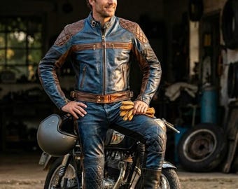 Męski zestaw ze skórzaną kurtką i spodniami w kolorze niebiesko-brązowo-czarnym, błyszczące wykończenie w stylu retro motocyklowym, strój motocyklowy, strój vintage na motocykl, prezent dla niego
