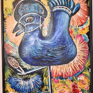 May include: An abstract painting of a blue bird with a black frame. The bird has a blue body, a black head, and a red eye. The background is filled with colorful flowers in shades of yellow, orange, pink, and blue. The painting is signed in the bottom right corner.