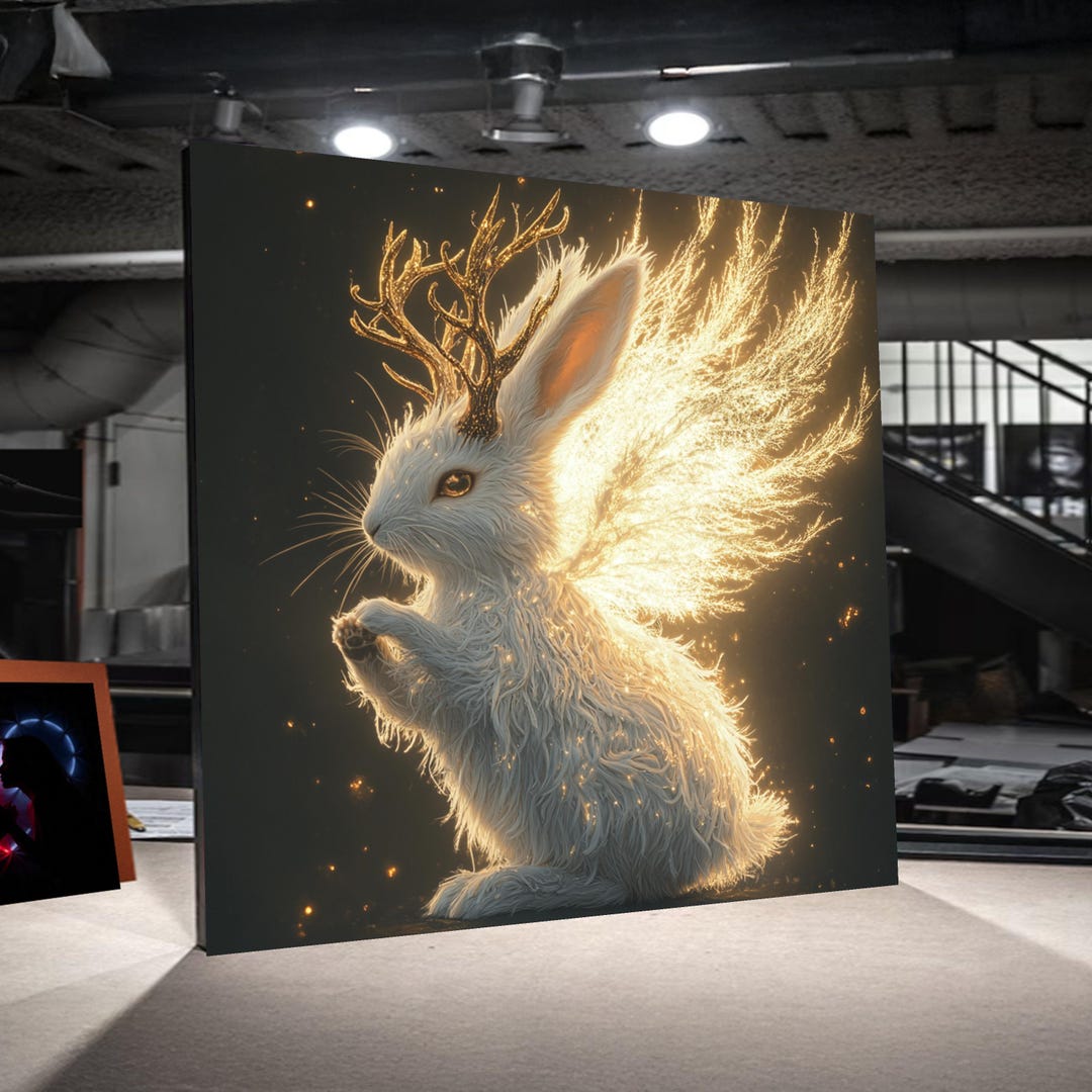 Enchanted Magical Rabbit Canvas, Fantasy Wall Art, Glowing Wings and ...