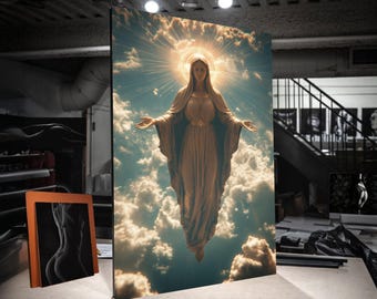 Lienzo de la Divina Virgen María, Arte mural religioso sagrado, Impresión de una estatua celestial, Decoración espiritual para el hogar, Lienzo cristiano inspirador