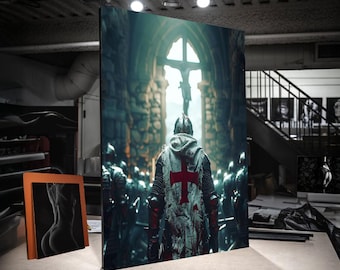 Medieval Knight Canvas Wall Art, Crusader Armor with Red Cross, Historic Battle Scene, Gothic Church Interior, Warrior Decoration, Ready to