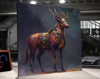 Majestic Regal Deer Canvas Wall Art, Fantasy Stag with Ornate Jewels, Mystical Animal Decor, Elegant Wildlife Painting, Canvas Art for