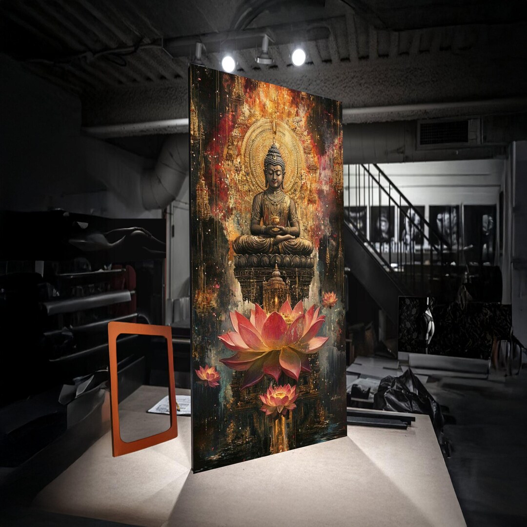 Meditating Buddha Canvas Wall Art, Spiritual Lotus Flower Painting, Zen ...