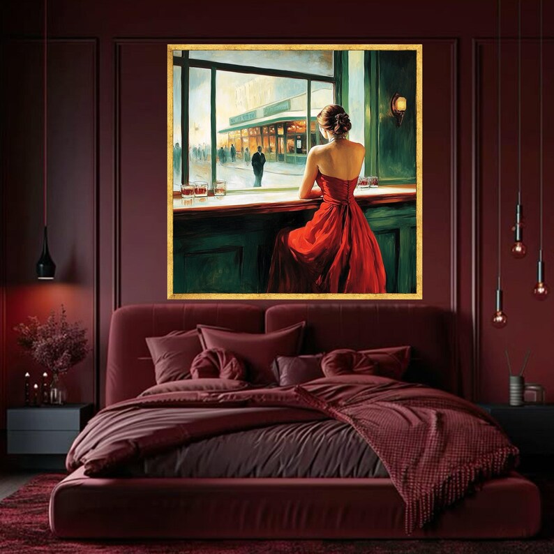 Elegant Woman in Red Dress Canvas Wall Art, Vintage Bar Scene Painting ...