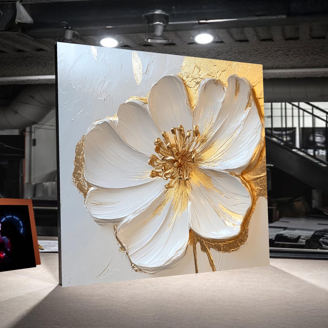 Elegant White and Gold Flower Canvas, Floral Wall Art, Luxury Home ...