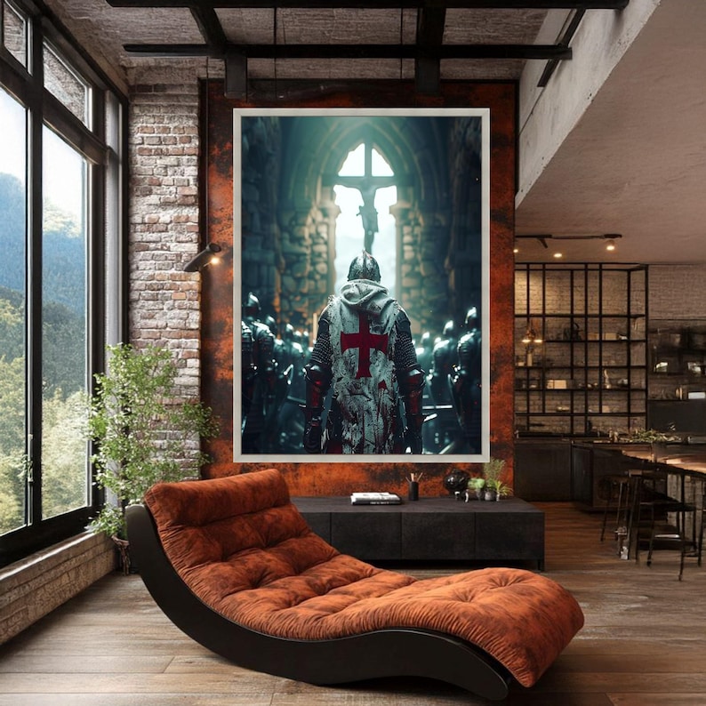 Arte de pared en lienzo de caballero medieval, armadura de cruzado con cruz roja, escena de batalla histórica, interior de iglesia gótica, decoración de guerrero, listo para imagen 5