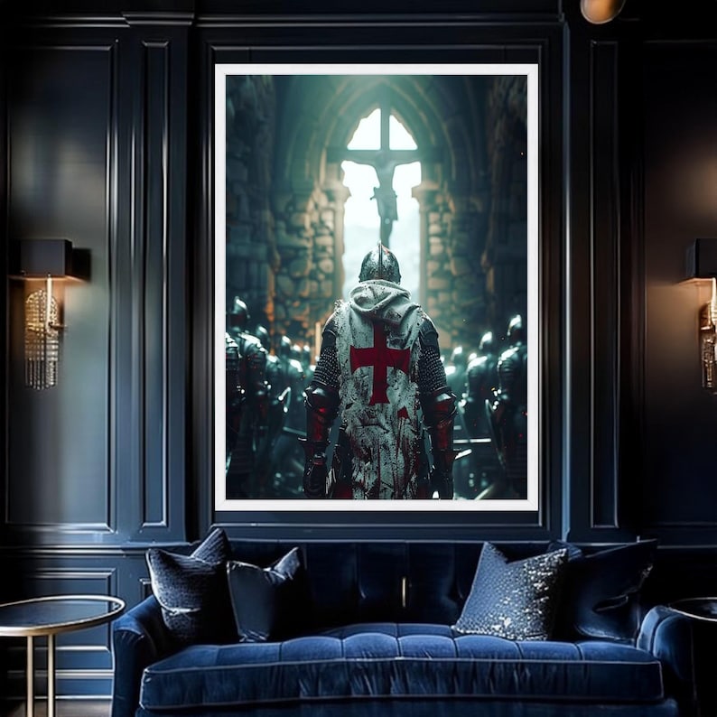 Arte de pared en lienzo de caballero medieval, armadura de cruzado con cruz roja, escena de batalla histórica, interior de iglesia gótica, decoración de guerrero, listo para imagen 4