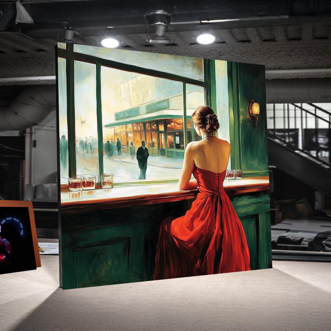 Elegant Woman in Red Dress Canvas Wall Art, Vintage Bar Scene Painting ...